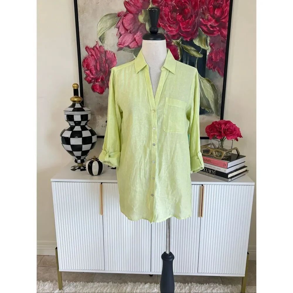 Sigrid Olsen Women's Linen Collared Tunic Button Up Shirt Green Small NWT